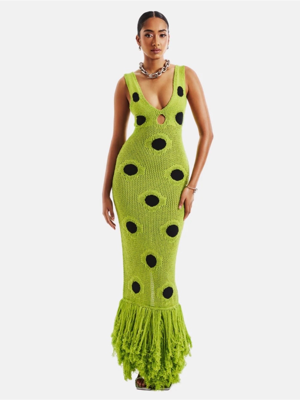 Hanifa Lime Green Knit Maxi Dress with Black Polka Dots